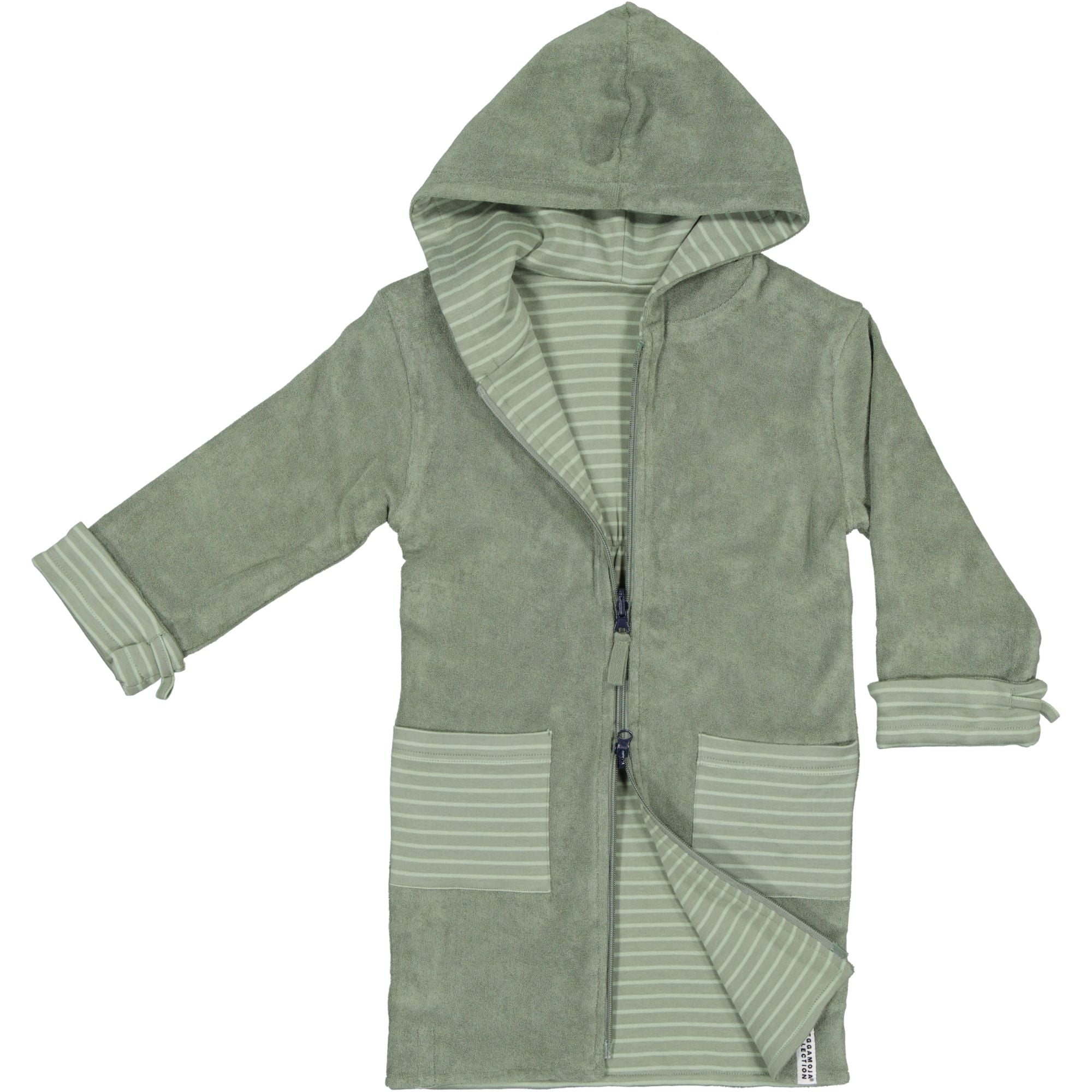 Green reversible organic cotton bathrobe with a front zipper, hood, and striped details from Geggamoja.