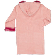 Pink bathrobe with a hood and red and white striped details seen from the back from Geggamoja.