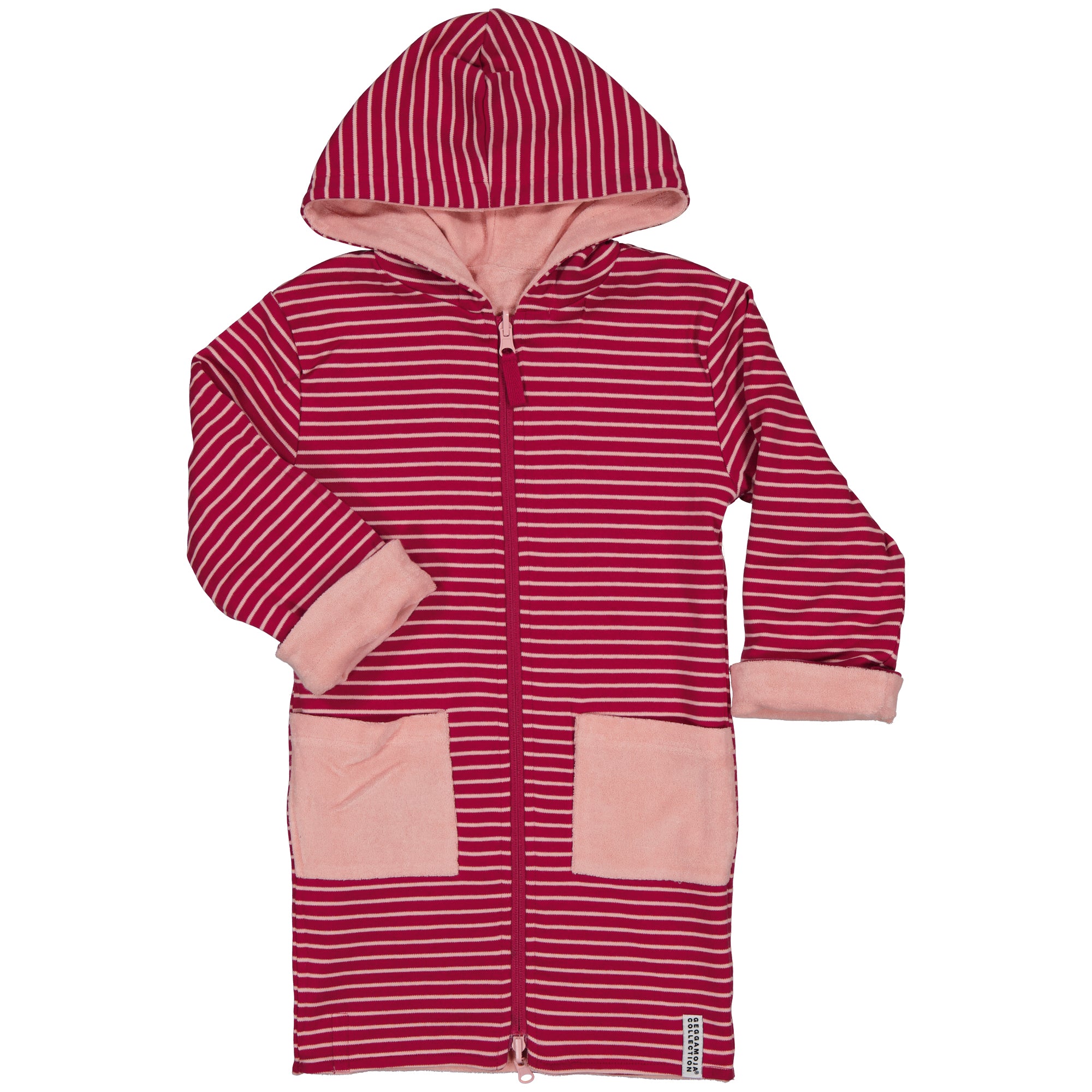 Pink and red striped hooded bathrobe with a zipper and pockets from Geggamoja.