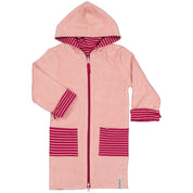 Pink and red hooded bathrobe with a zipper and striped details from Geggamoja.