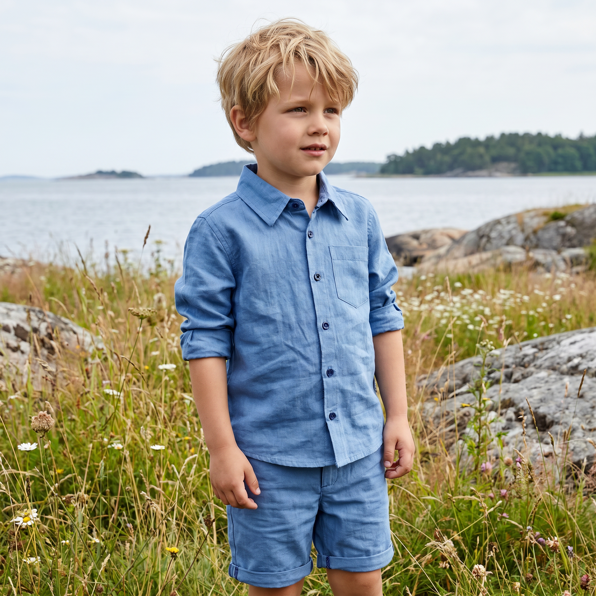 Blå linneskjorta och matchande linneshorts på en pojke i skandinavisk utomhusmiljö från Geggamoja.