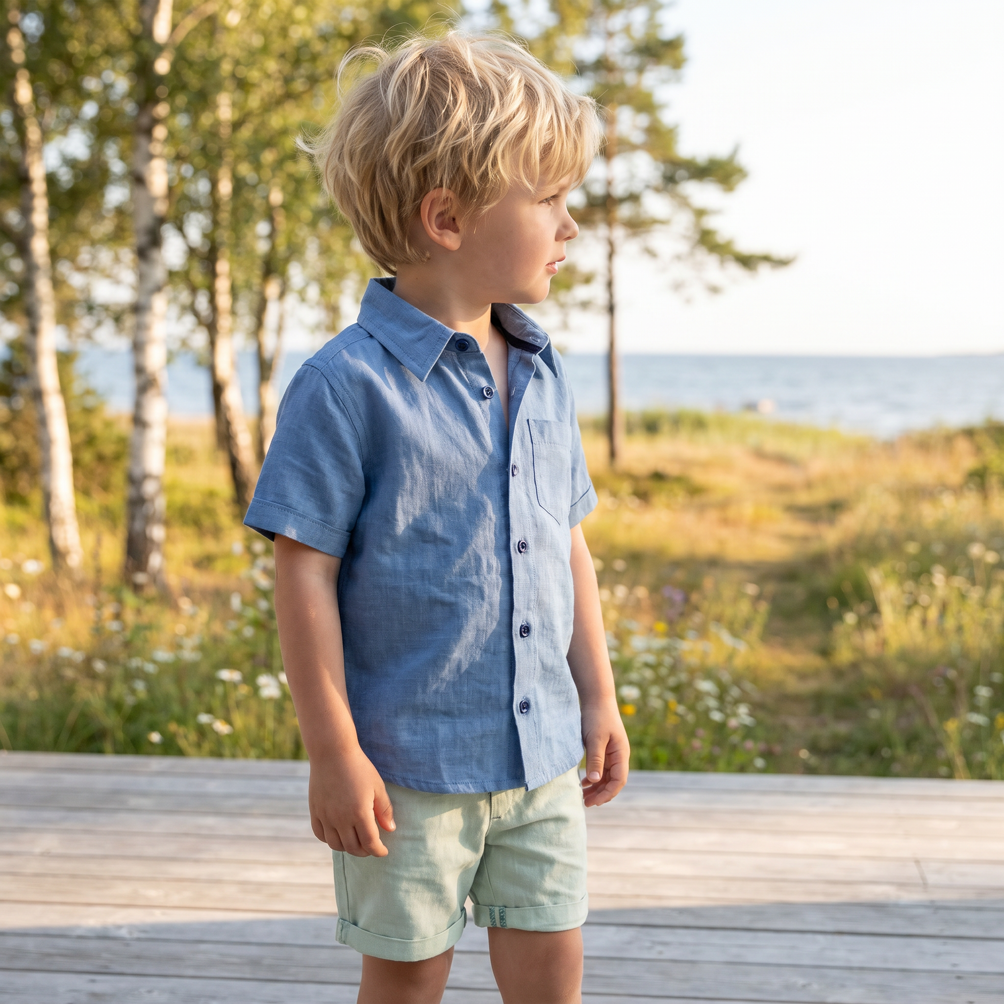 Blå linneskjorta och mintgröna linneshorts på en pojke i skandinavisk miljö från Geggamoja.